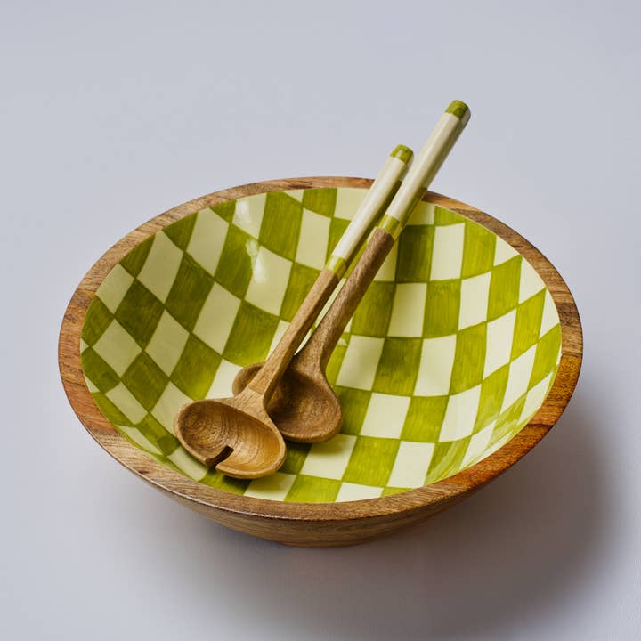 Green Chequered Handpainted Large Salad Bowl