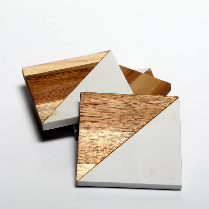 Marble and Acacia Wood Square Drinks Coasters (set of 4)