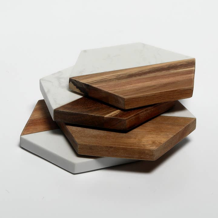 Marble and Acacia Wood Drinks Hexagonal Coasters (set of 4)