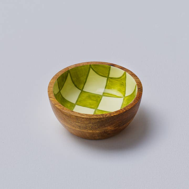 Green Chequered Handpainted Wooden Bowl - Small
