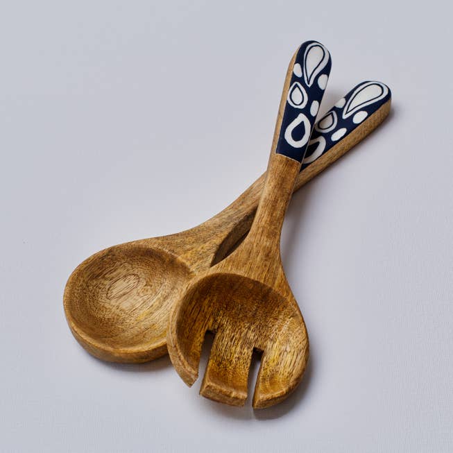Monochrome Wooden Spoon & Fork Set with Enamel
