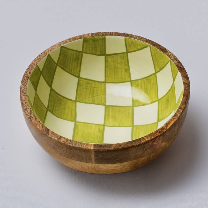 Green Chequered Handpainted Wooden Bowl