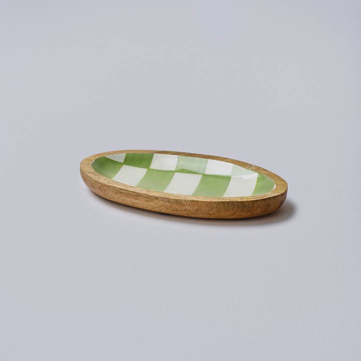 Green Chequered Handpainted Oval Plate Small