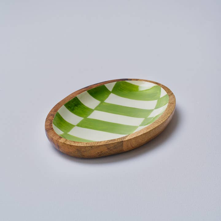 Green Chequered Handpainted Oval Plate Large
